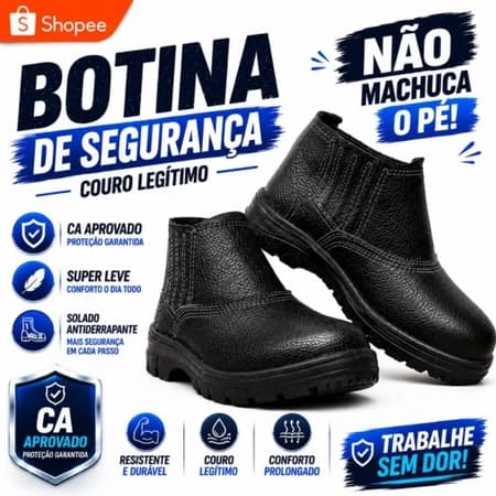 Bota Botina Segurança Masculina em Couro Macia Com CA 17137 Produto Original Ultra Leve Bico PVC