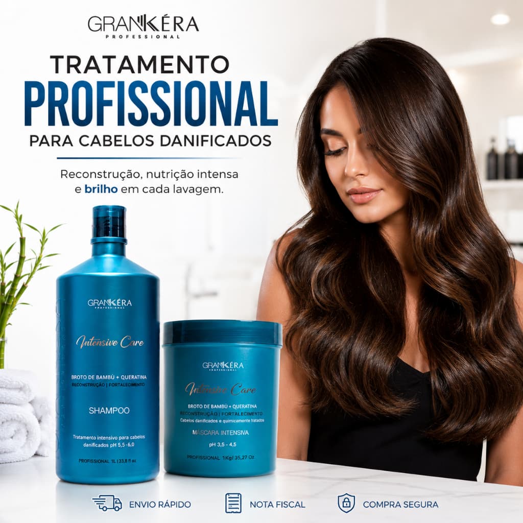 Kit Broto de Bambu Shampoo e Máscara Queratina Reconstrução Nutrição Grankéra 1L e 1Kg Profissional
