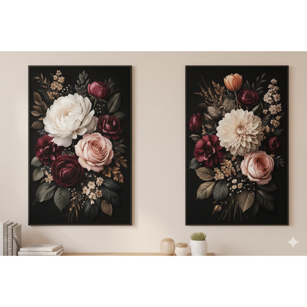 Kit 2 Quadros Florais Sofisticados Fundo Preto Decoração Moderna Sala Quarto Arte Floral Premium