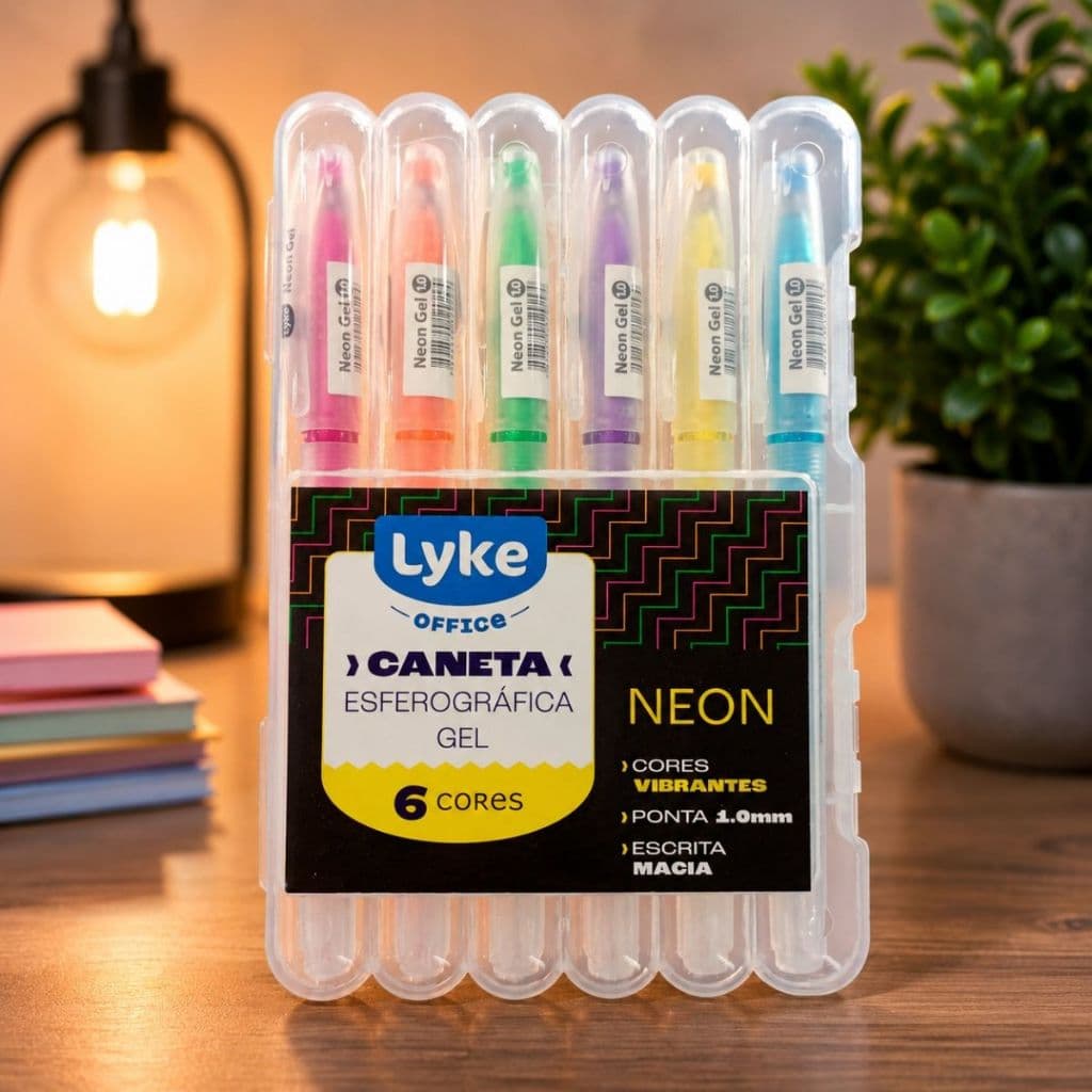 Caneta Gel Neon 6 Cores Ponta 1.0mm Escrita Macia Lyke para Estudo e Anotações