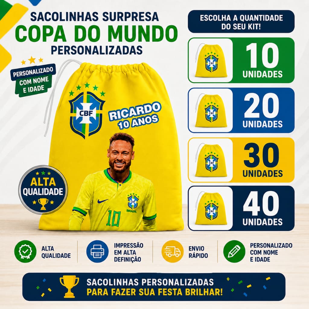 Kit 10, 20, 30 e 40 Sacolinhas Surpresa Copa do Mundo 2026 | Nome + Idade | Alta Qualidade