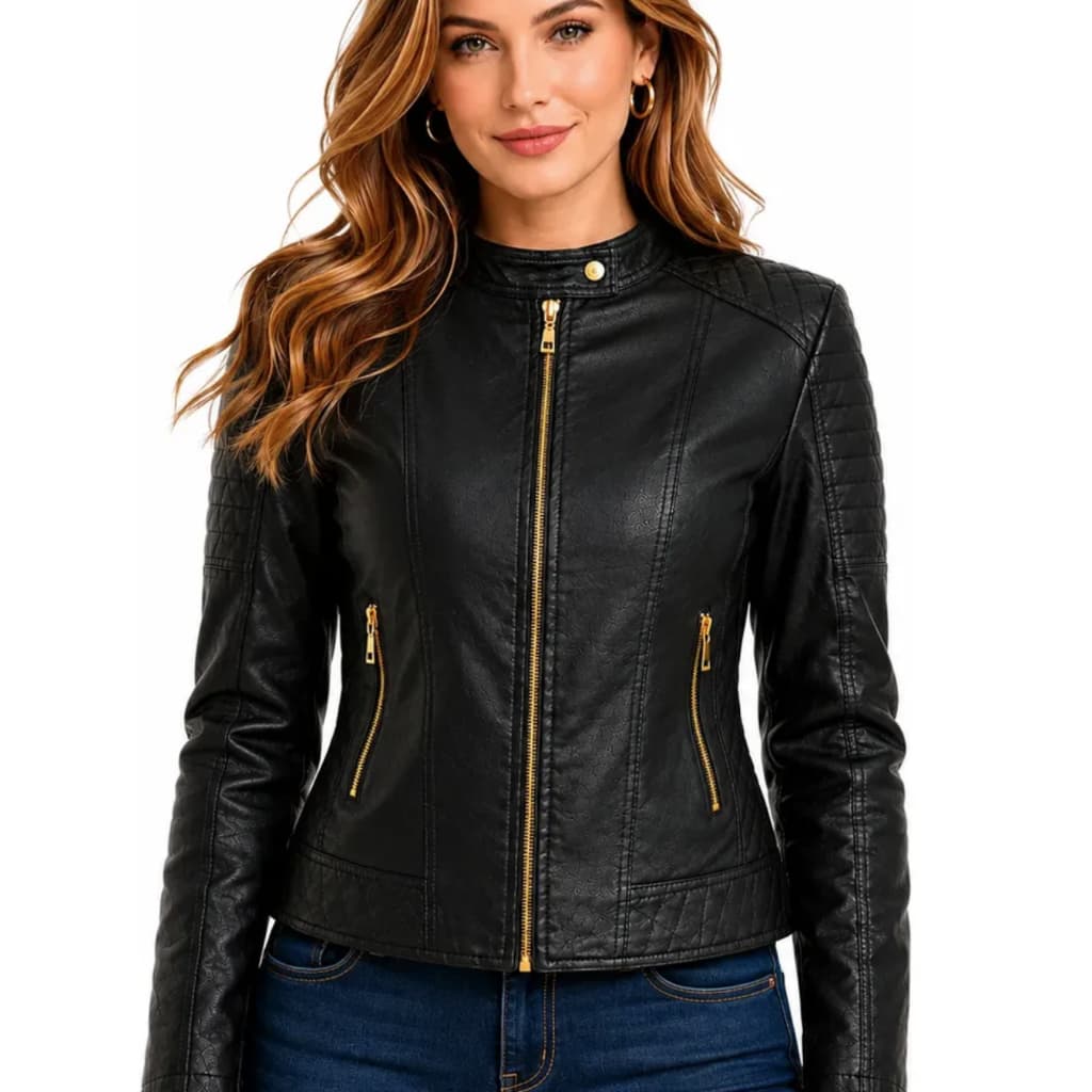 Jaqueta De Couro Feminina Elegante Casaco Slim Casual Luxo Frio Inverno