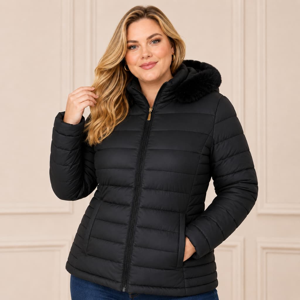 Jaqueta Feminina Plus Puffer Apeluciada Forrada com Pelúcia Capuz com Pelo Removível Frio Inverno Impermeável
