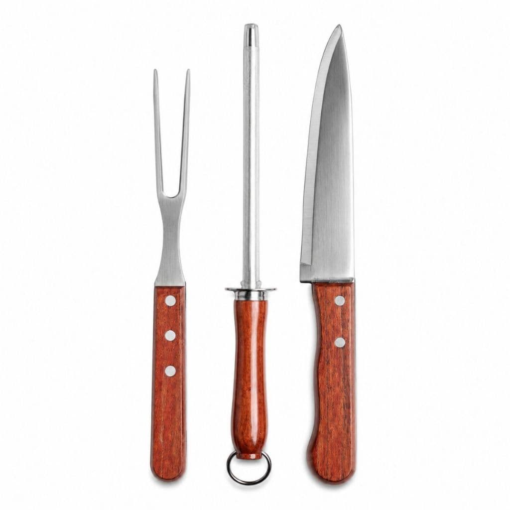 Kit Churrasco 3 Peças Faca Garfo Chaira Aço Inox Cabo Madeira