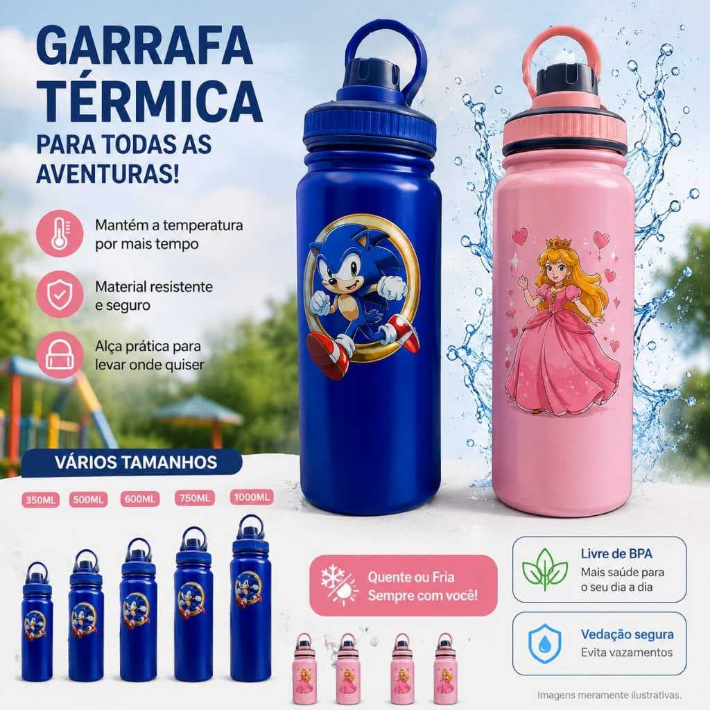 GARRAFA TÉRMICA PERSONALIZADA DTF UV DIVERSOS TEMAS DESENHOS ANIMADOS PASSEIOS ESCOLA VIAGENS ACADEM
