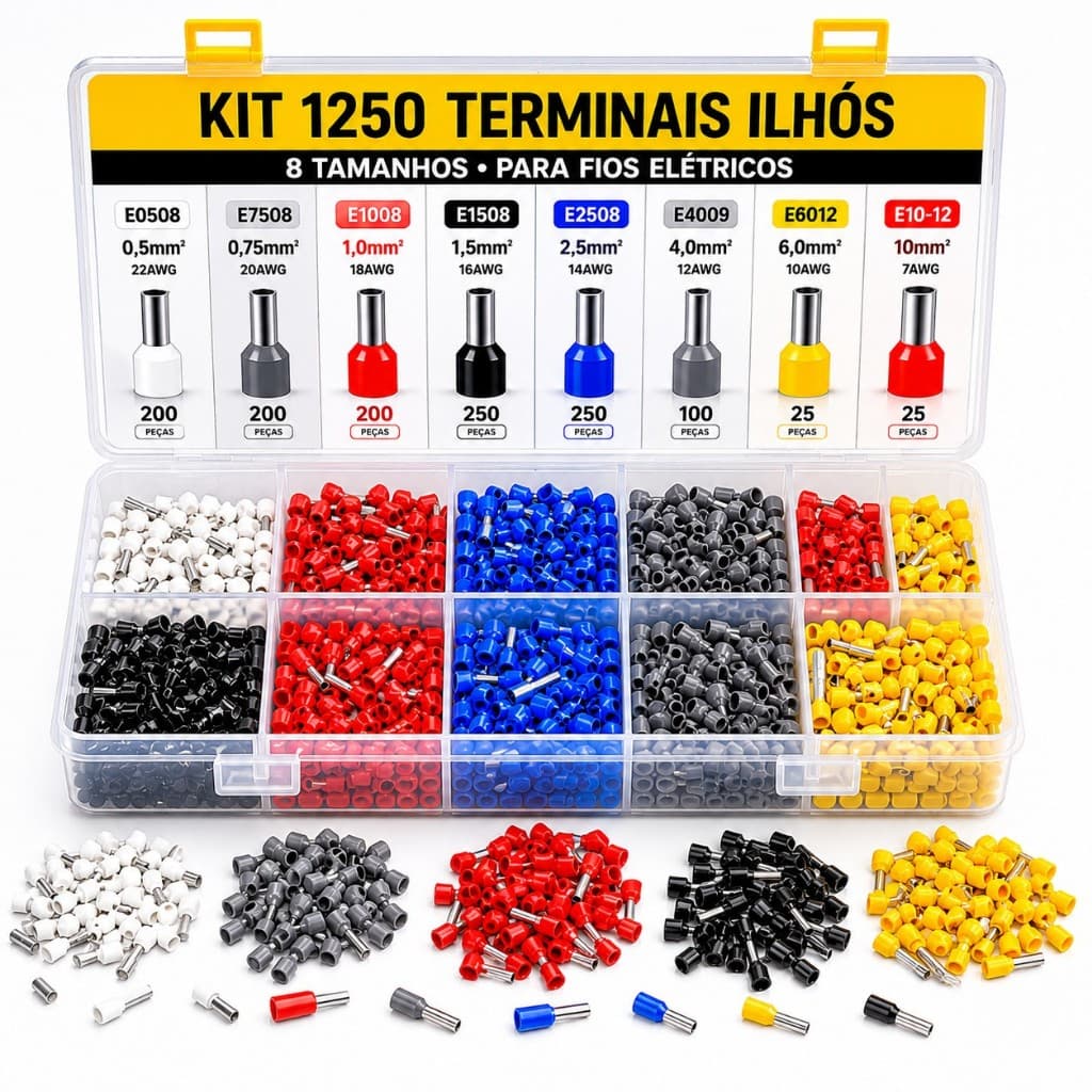 Kit 1250 Terminais Ilhós Tubular Para Fios Elétricos Cobre Com Estojo