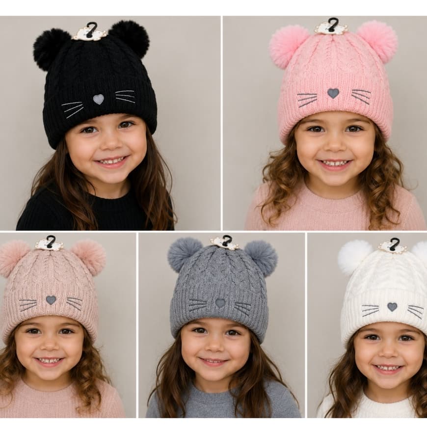 Touca De Menina Frio Infantil Forrada Gorro Pompom  Inverno Gatinho