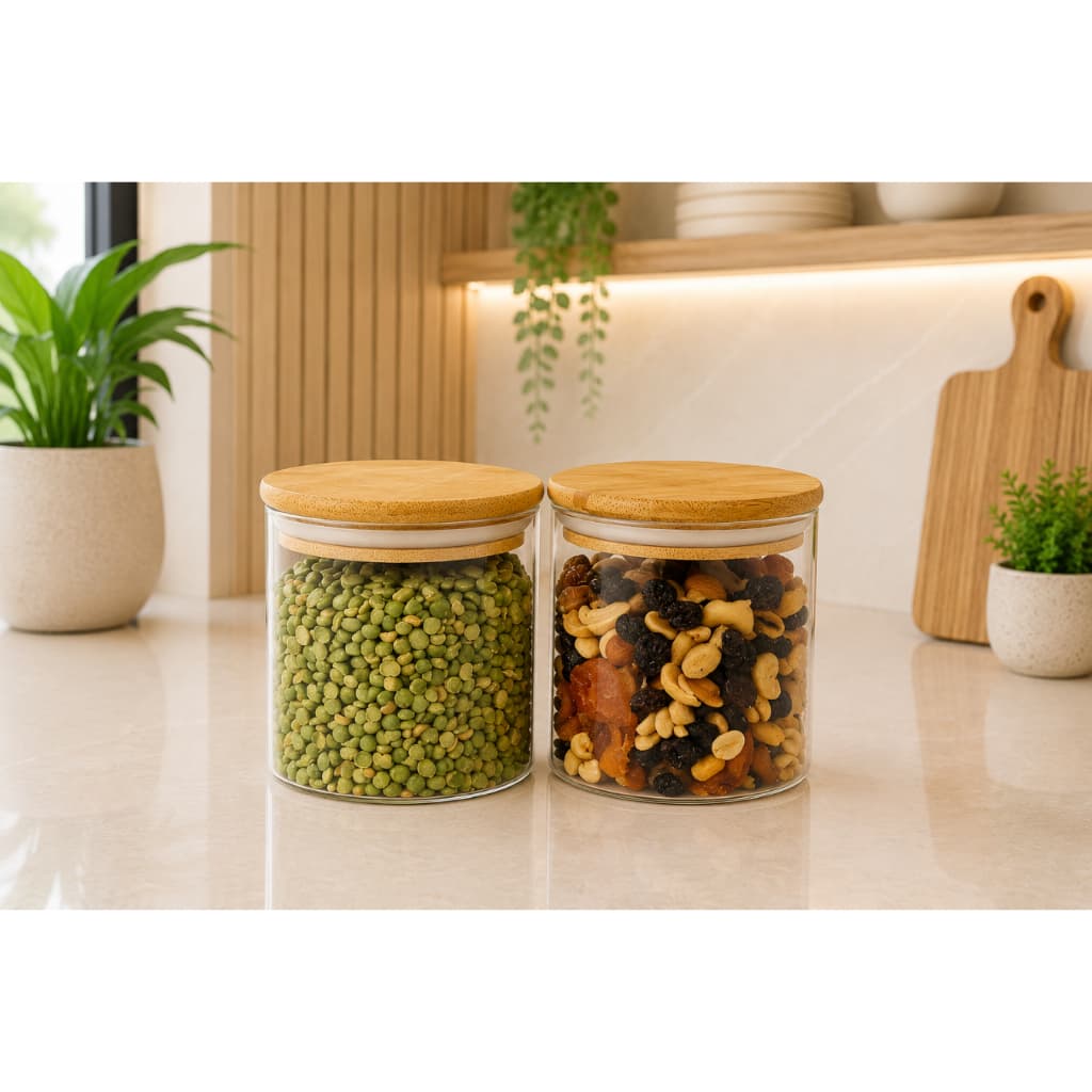 Potes de Vidro com Tampa de Bambu Kit com 2 500ml Mantimentos Herméticos Oikos Pote Cozinha Alimentos Tempero Redondo