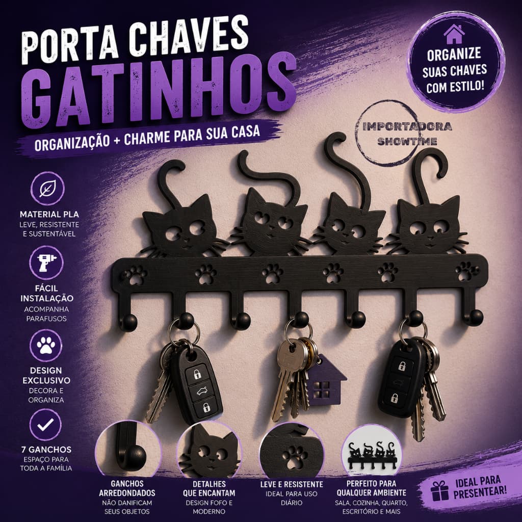 Porta Chaves Decorativo Gato para Parede 7 Ganchos Moderno Gatinhos Organizador Preto
