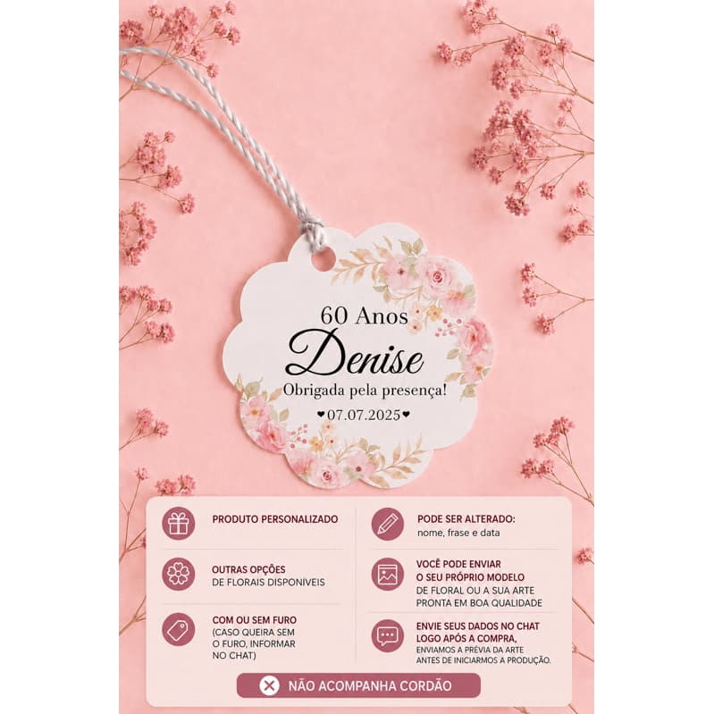 50 Tags Personalizadas Formato Flor Lembrancinha para Casamento, Noivado e Chá de Cozinha