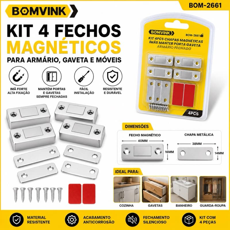 Kit 4 Fechos Magnéticos Para Armário Gaveta Porta Imã Forte Trava Magnética Móveis Bomvink 2661