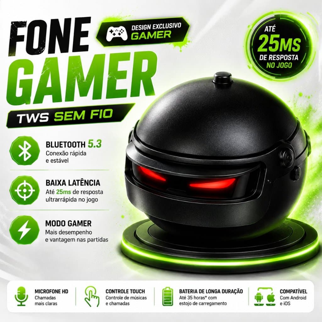 Fone Gamer Bluetooth 5.3 TWS Sem Fio Baixa Latência LED Cancelamento de Ruído