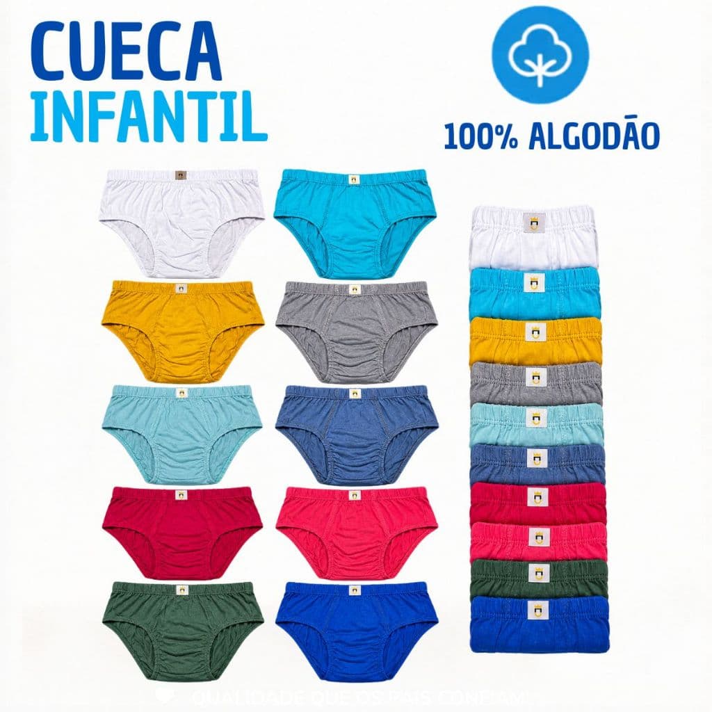 Kit Cueca Slip Infantil Menino Tradicional 100% Algodão Com Forro Confortável Criança Dia a Dia