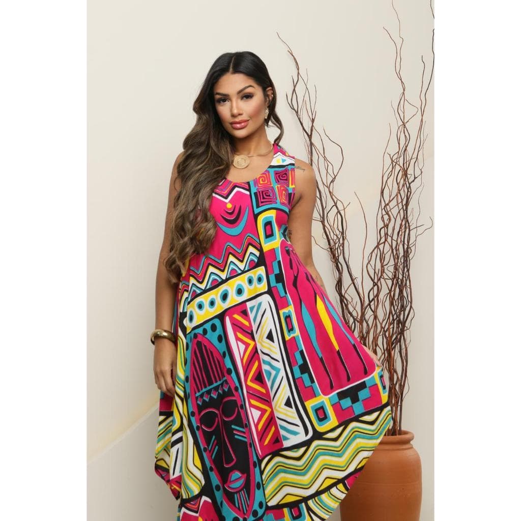 Vestido Trapézio Feminino Boho Chic Estampado Colorido Soltinho com Bolsos Tamanho Único