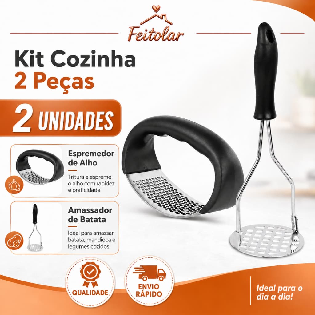 Kit 2 Peças Amassador de Alho e Batata Cozinha Pures  Aço Inox Aço Inox Praticidade no Dia a Dia