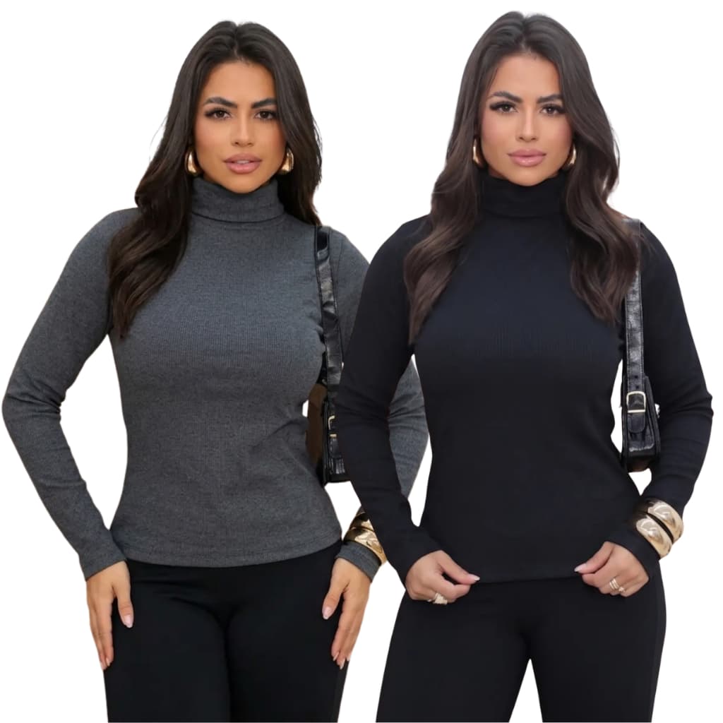 Blusa Cacharrel Segunda Pele Gola Alta Basica Manga Longa Canelado