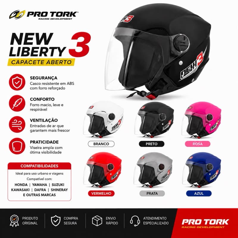 Pro tork Capacete aberto moto New 3 Todas as cores