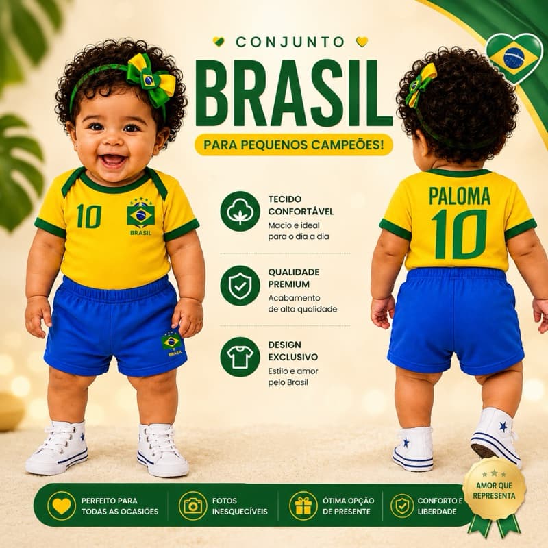 Conjunto Bebê Brasil Nome Personalizado 100% Algodão: Body, Shorts, Tênis, Clip Chupeta e Laço Copa do Mundo RN-12 Meses