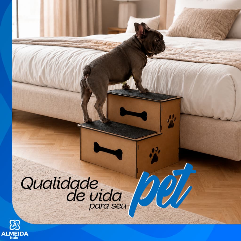 Escada Gatos Cachorros Pequenos Madeira MDF Carpete Antiderrapante Acesso Sofa Cama Pet