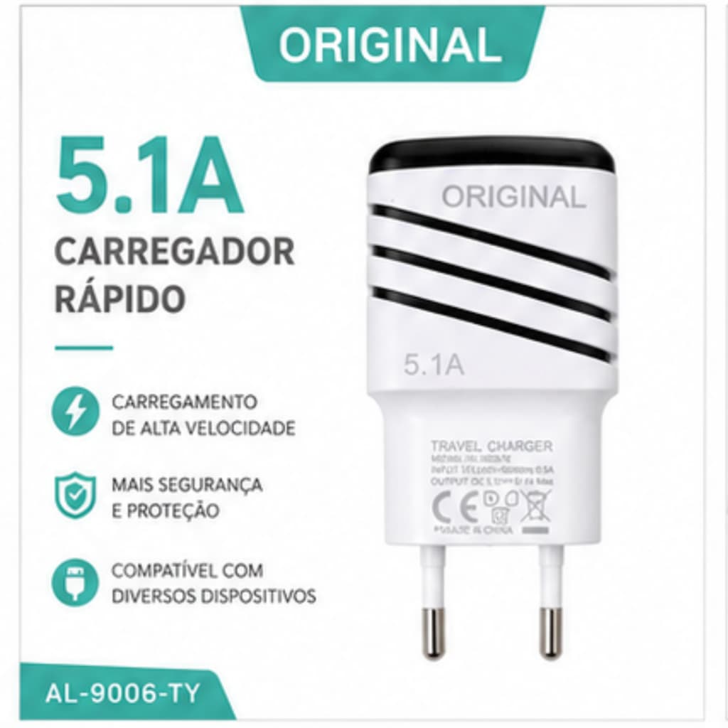 Carregador Tipo C Rápido Original 5.1A Branco AL-9006-TY com Cabo 120cm Alta Velocidade