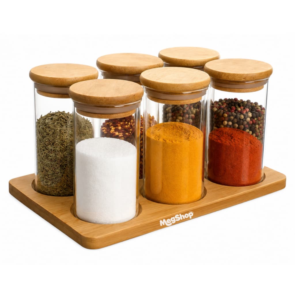 Porta temperos com 6 potes de vidros 200 ml tampa Bambu