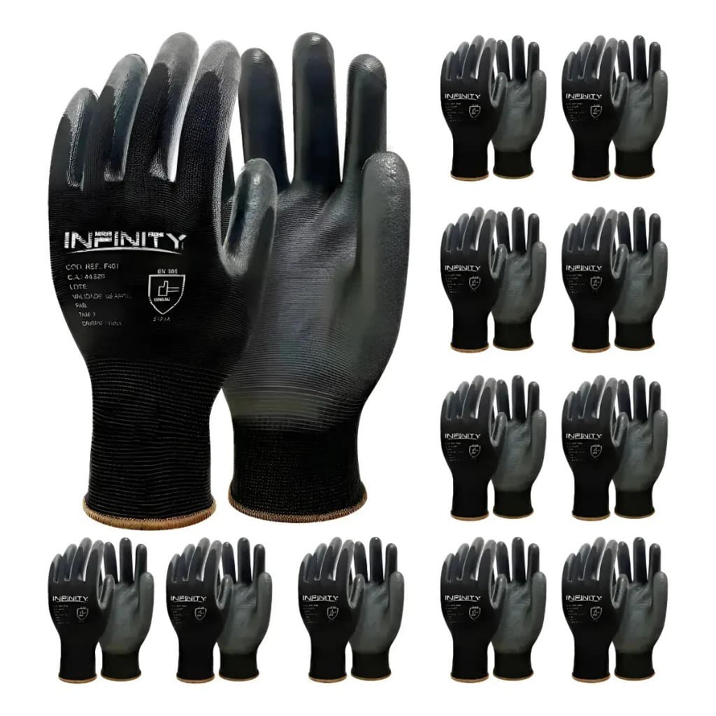 Kit 30 Luvas de Segurança Multitato PU Black P/M/G/GG EPI para Mecânico, Pedreiro e Eletricista