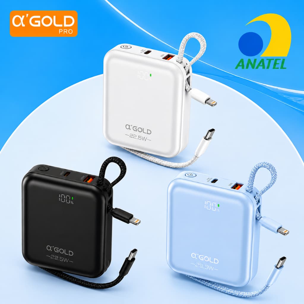 Power Bank A’Gold BTE-105H 10000mAh com Carregamento Rápido PD 22.5W