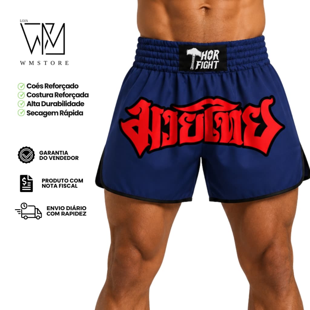 Short Muay Thai Unissex Azul Vermelho MMA Kickboxing Thor Fight Premium Envio Rápido