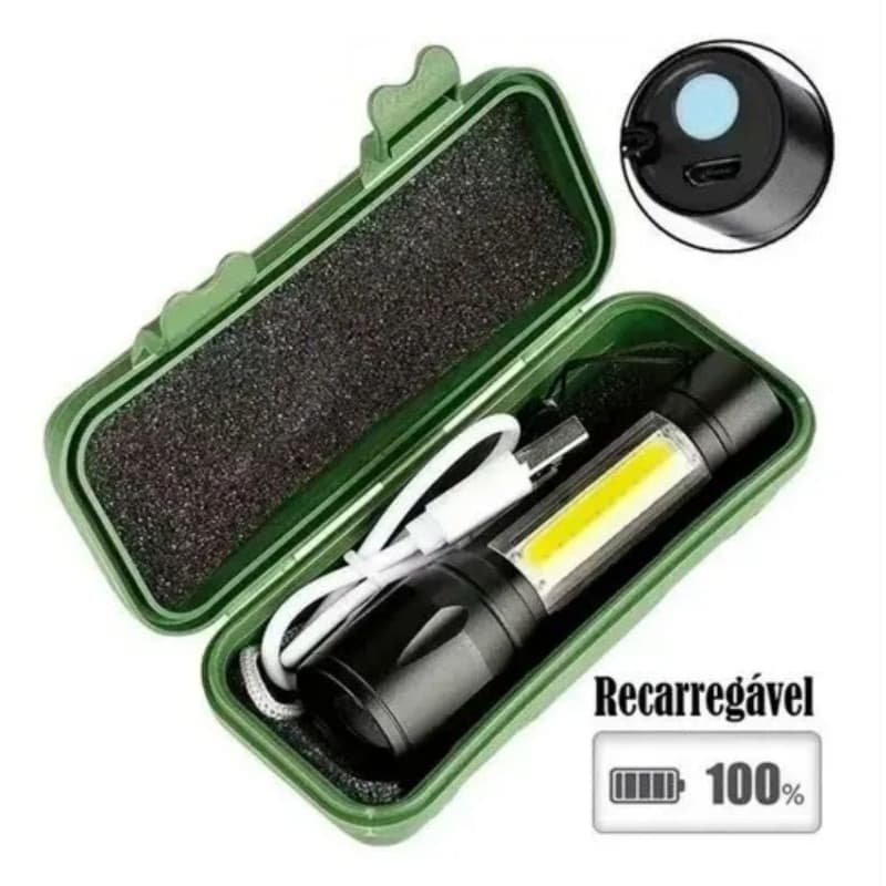 Mini Lanterna Tática LED Recarregável USB Potente Com Case Militar e Modo Lampião COB