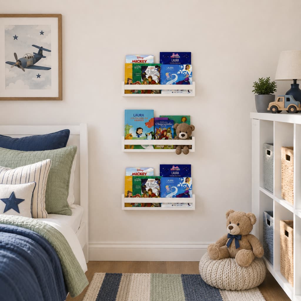 Kit 2 Prateleiras Infantil Branca Decorativa Porta Livros Revistas de Parede Quarto Sala Premium