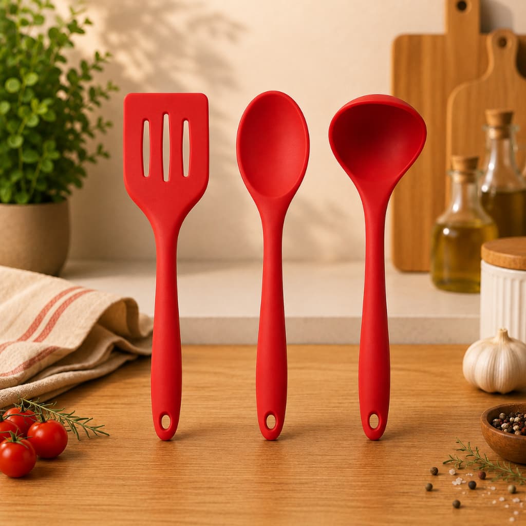 Kit Utensílios de Silicone para Cozinha Vermelho e Preto Linha Premium Colher Espátula e Concha