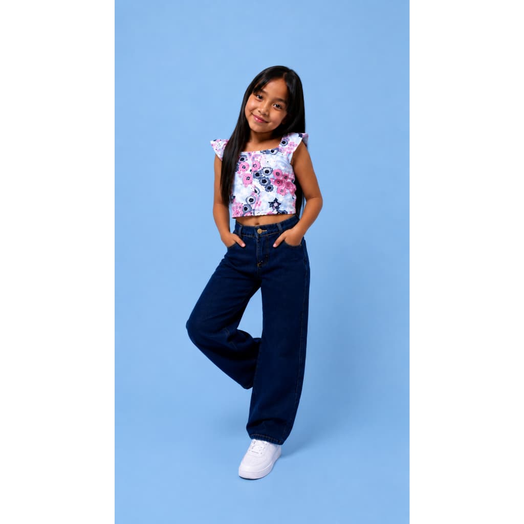 Calça Wide Leg Azul Escura Infantil Juvenil Menina Cintura Alta Com Elástico Regulador Moderna e Confortável e Moderna