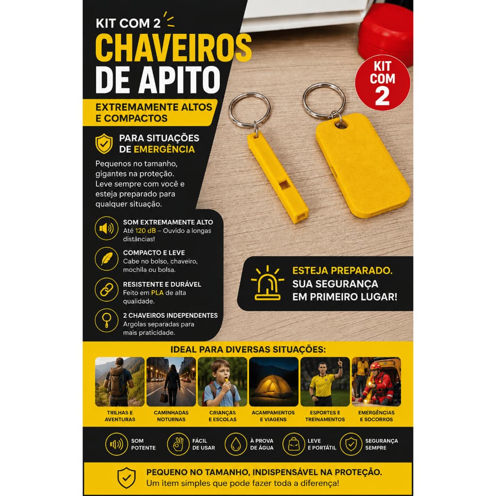 Kit 2 Chaveiros Apito de Emergência SOS – Esportes, Lazer e Segurança