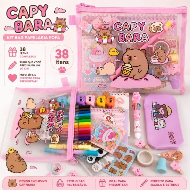Kit Papelaria fofa Kawaii |38 Itens| Kit escolar completo | Papelaria Criativa | Marca Texto | Canetas | Caderno + Lapis
