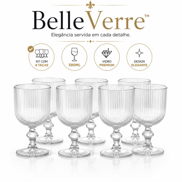 BelleVerre™ Jogo de Taças de Vidro 6 Peças 380ml Elegantes Para Vinho Espumante Drinks Água Design Sofisticado