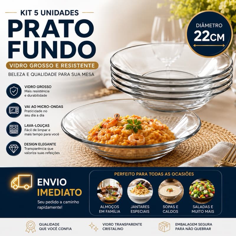 Jogo de 5 Pratos de Vidro Fundo Kit com 5 Peças Prato Liso Fundo Transparente Vidro Grosso