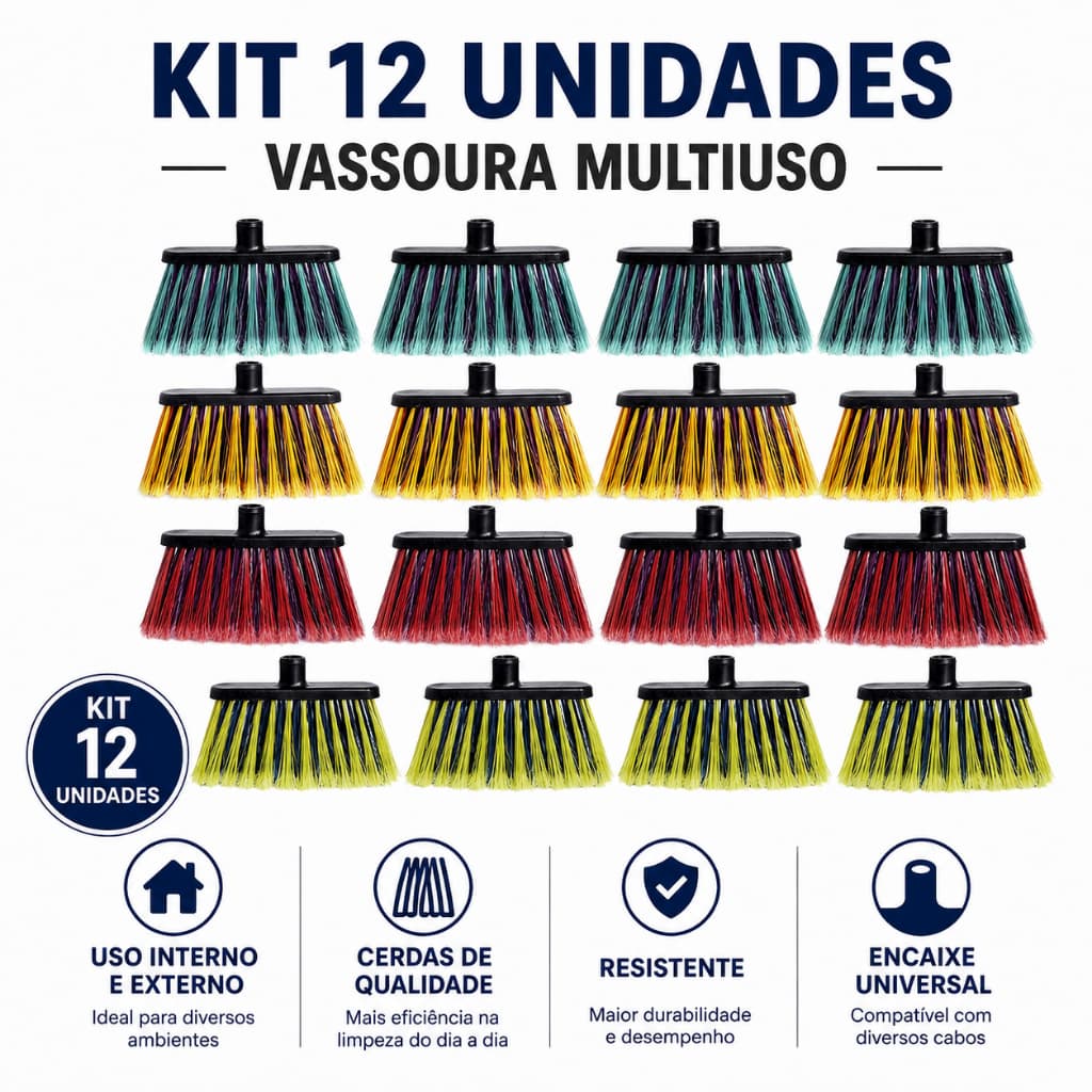 Kit 12 Vassouras Sem Cabo Nylon Cerdas Macias Multiuso Limpeza Casa Piso - NZ Armarinhos