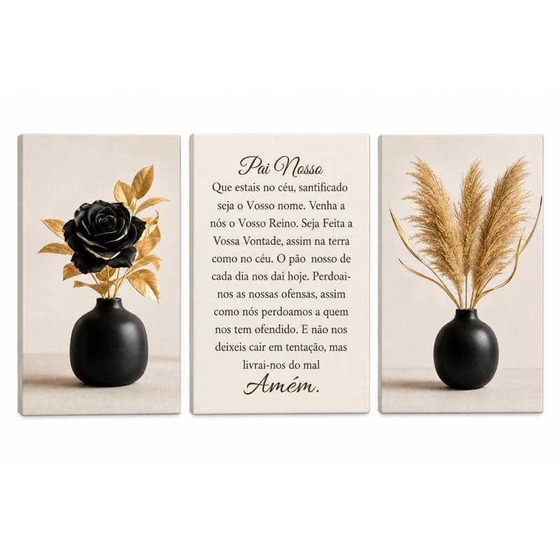 Trio de Quadros Decorativos Pai Nosso Luxo – Preto e Dourado