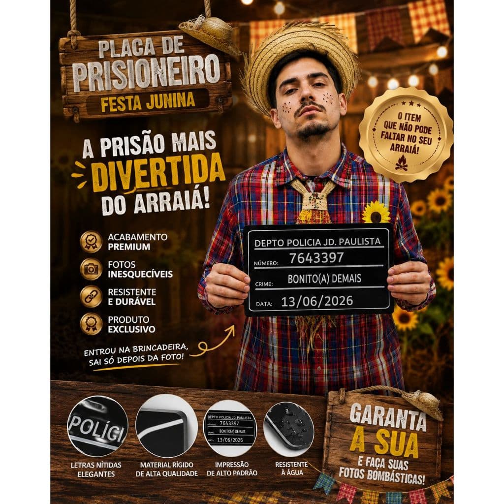 Placa de Prisioneiro Cadeia de Festa Junina com 6Plaquinhas de Crimes Divertidos Arraiá Quermesse