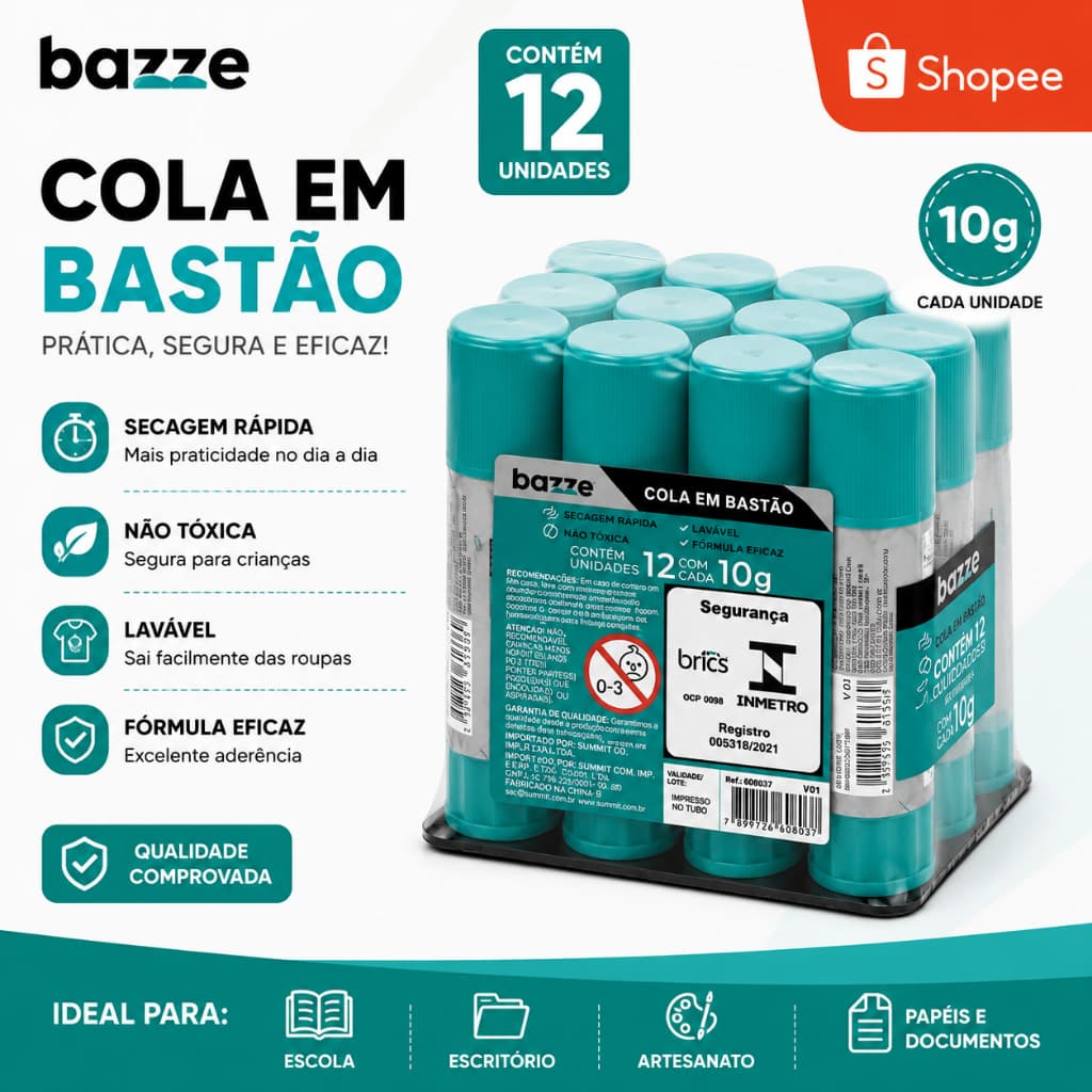 Kit com 12 Colas Bastão Bazze Secagem Rápida 10g