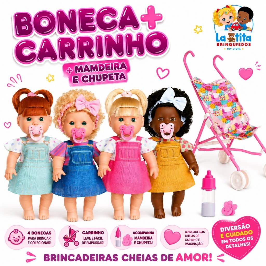 Boneca Danadinha Com Mamadeira Chupeta Carrinho Boneca Loira Boneca Negra