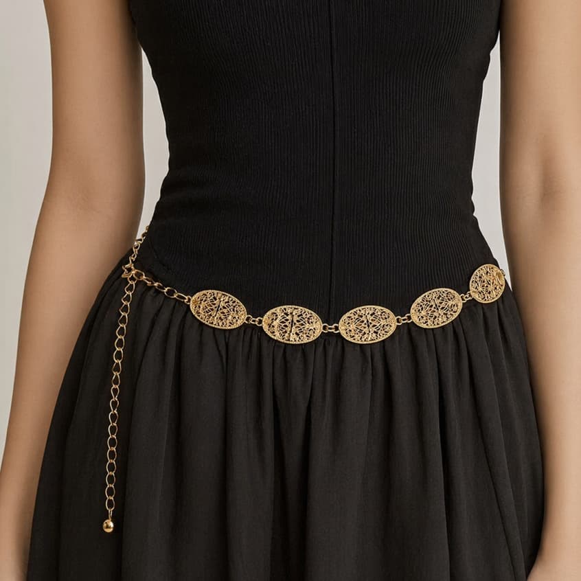 Cinto Corrente Feminino Metálico Vintage Boêmio Com Detalhes Em Relevo Oval Adaptável Decorativo