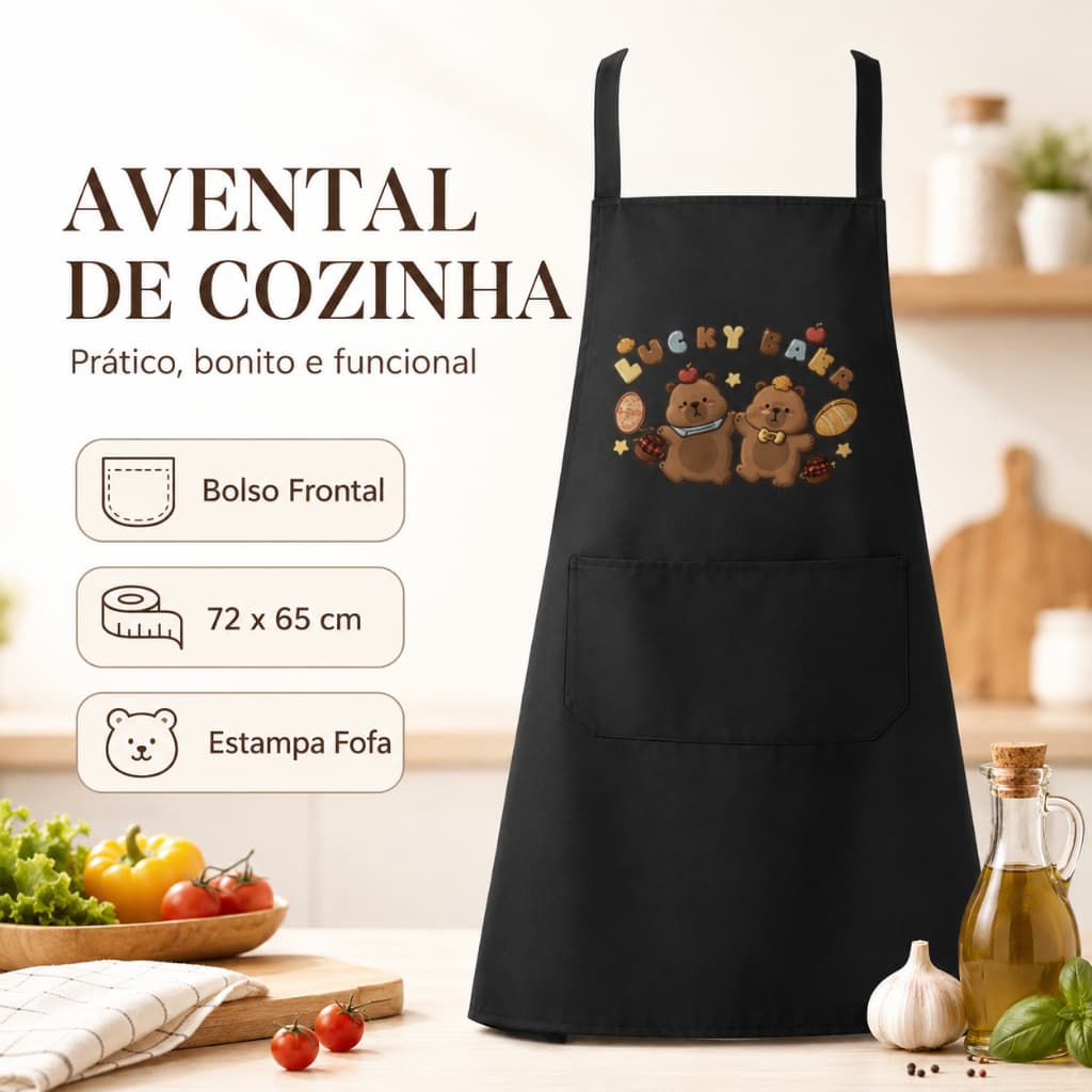 Avental de Cozinha com Estampa Fofa Lucky Baker, Bolso Frontal, Preto Resistente à Sujeira para Cozinha e Panificação