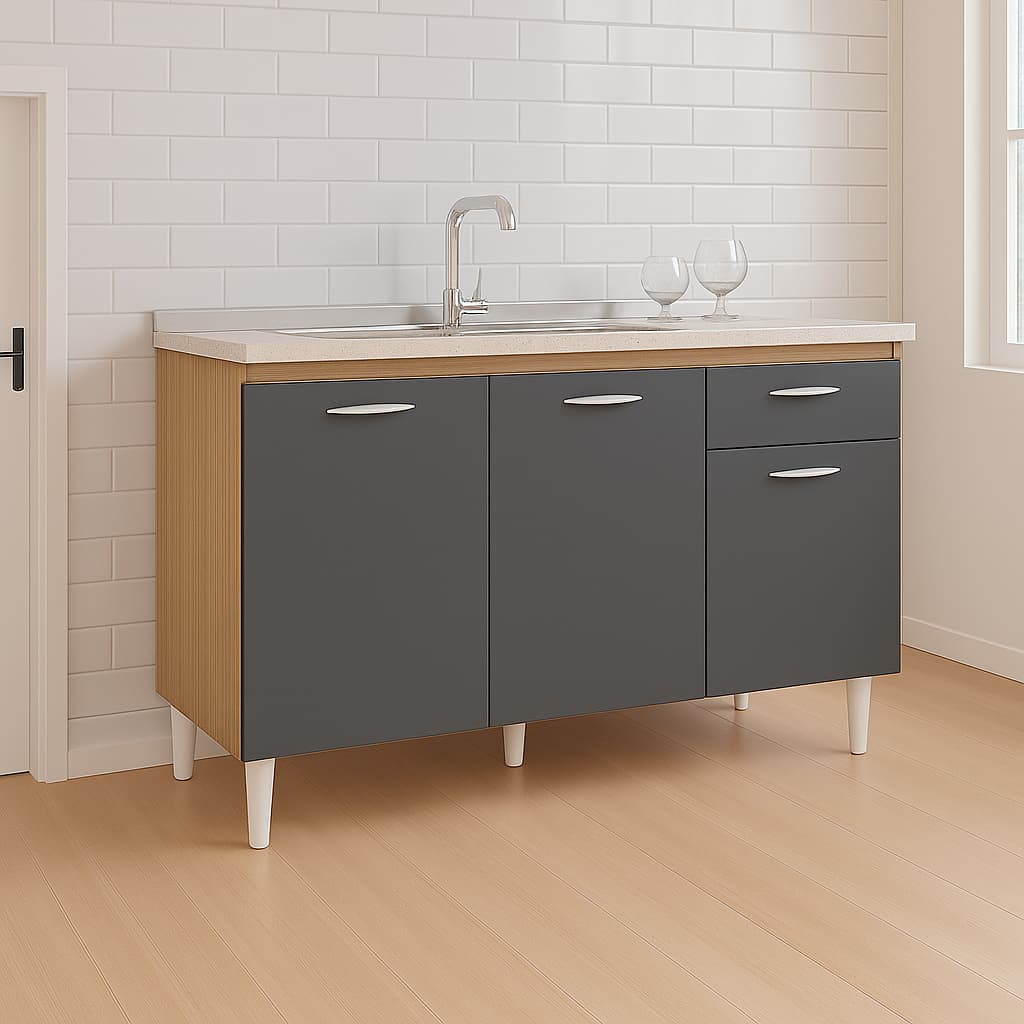 Balcão de Cozinha 1,20m Sem Pia 3 Portas 1 Gaveta Estrutura em MDF/MDP Compacta Resistente Diversas Cores - AV