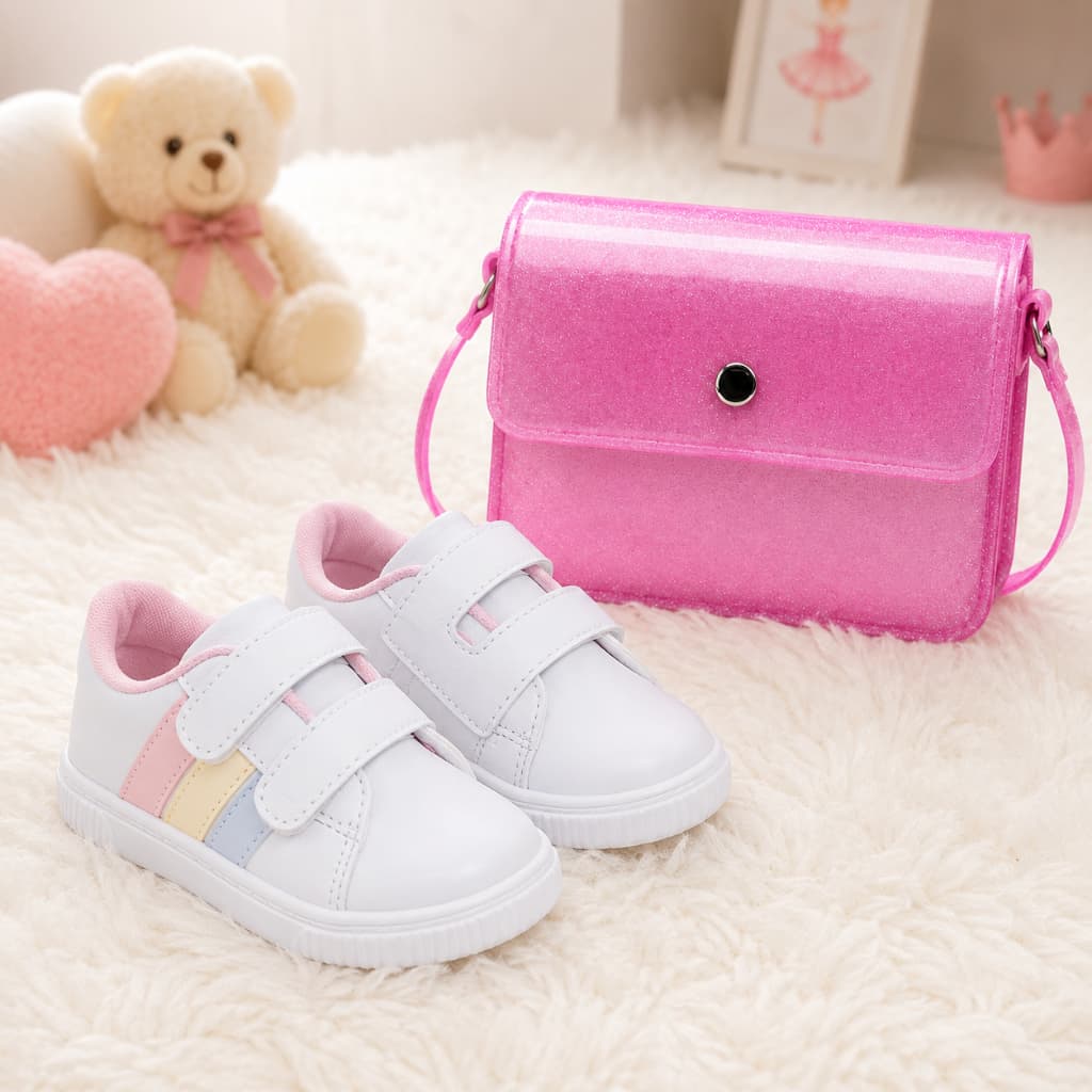 Kit Tênis Infantil Menina Conforto + Bolsa Glitter Rosa Tiracolo Conforto Macio Leve Escola Moda