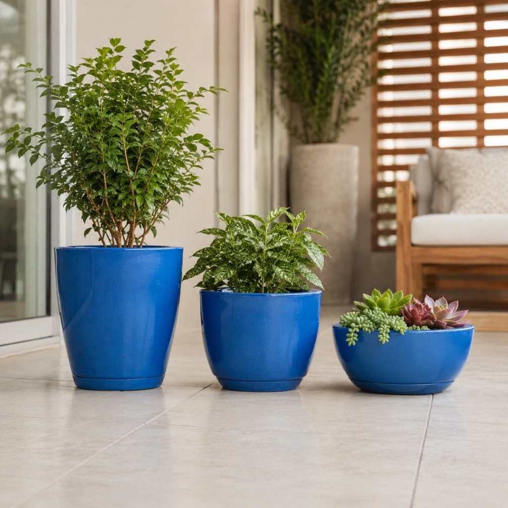Kit Jogo 3 Vasos para Plantas Decorativo Liso Polido Estilo Vietnamita Cone Bojo Marmorizado Prato
