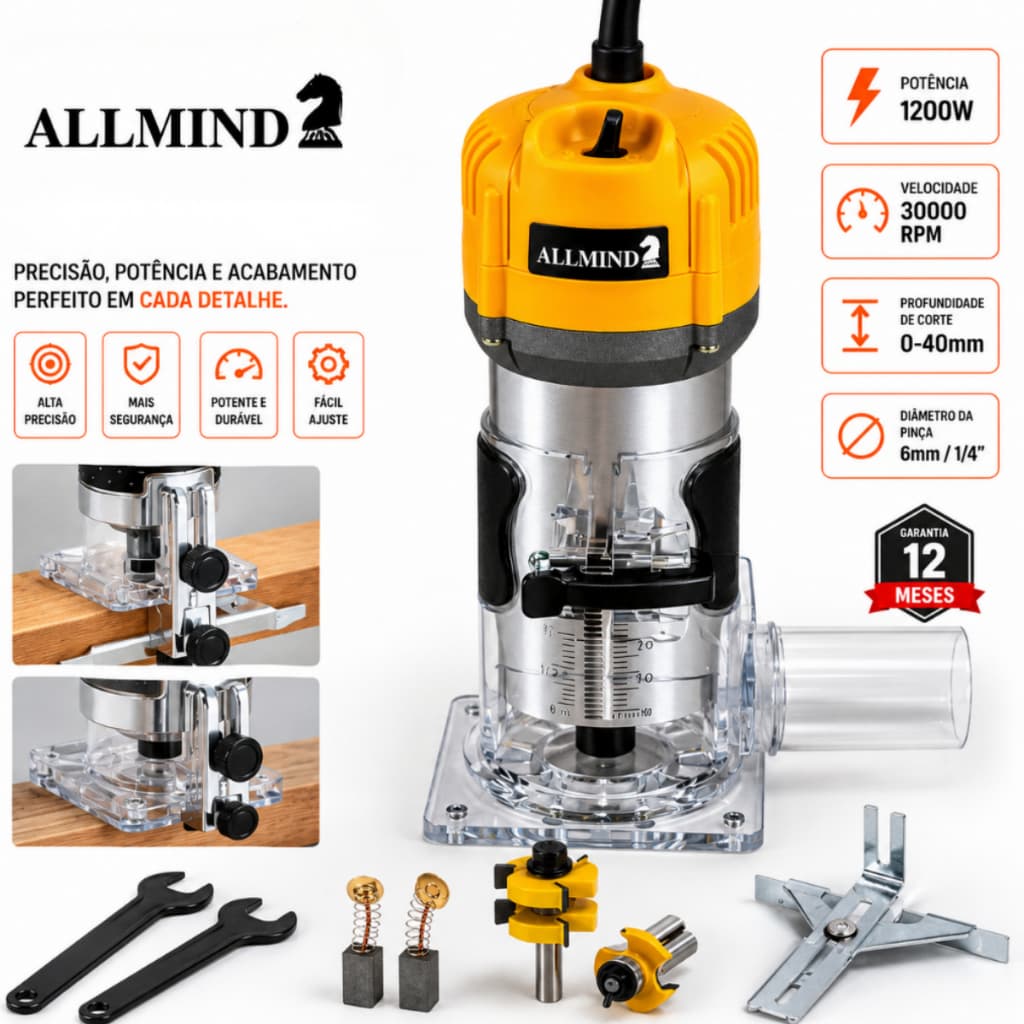 Tupia Elétrica 600W Profissional 30.000 RPM 1/4” – Alto Desempenho para Marcenaria e Madeira