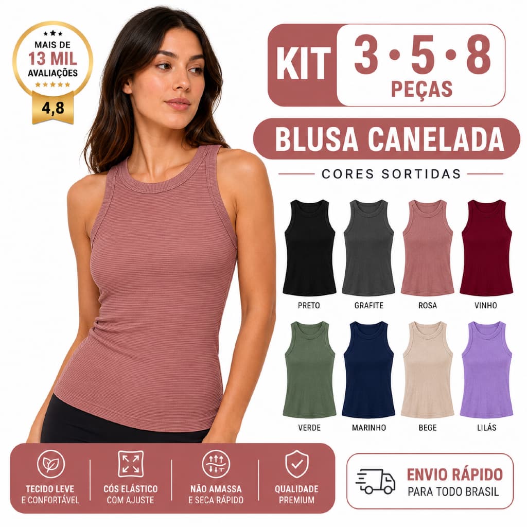 kit  Blusa feminina canelada regata premium cores variadas tamanho unico