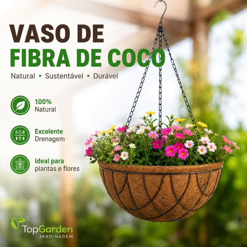 Vaso de Fibra de Coco Pendente com Corrente Natural Top Garden 20 25 30 35 40cm Orquídeas e Samambaias