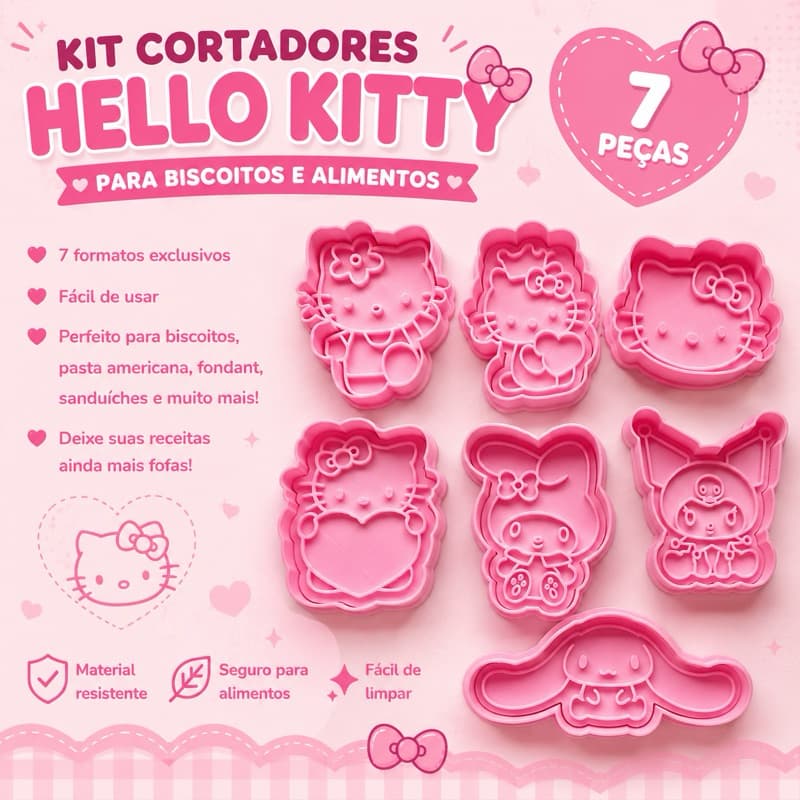 Kit com 7 Cortadores de Biscoito + Carimbos Hello Kitty - Cortadores Biscoitos Temáticos/Aprox 7CM